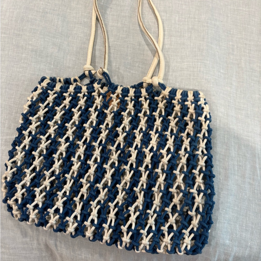 Clare V Stylish Blue and Cream Woven Tote Bag